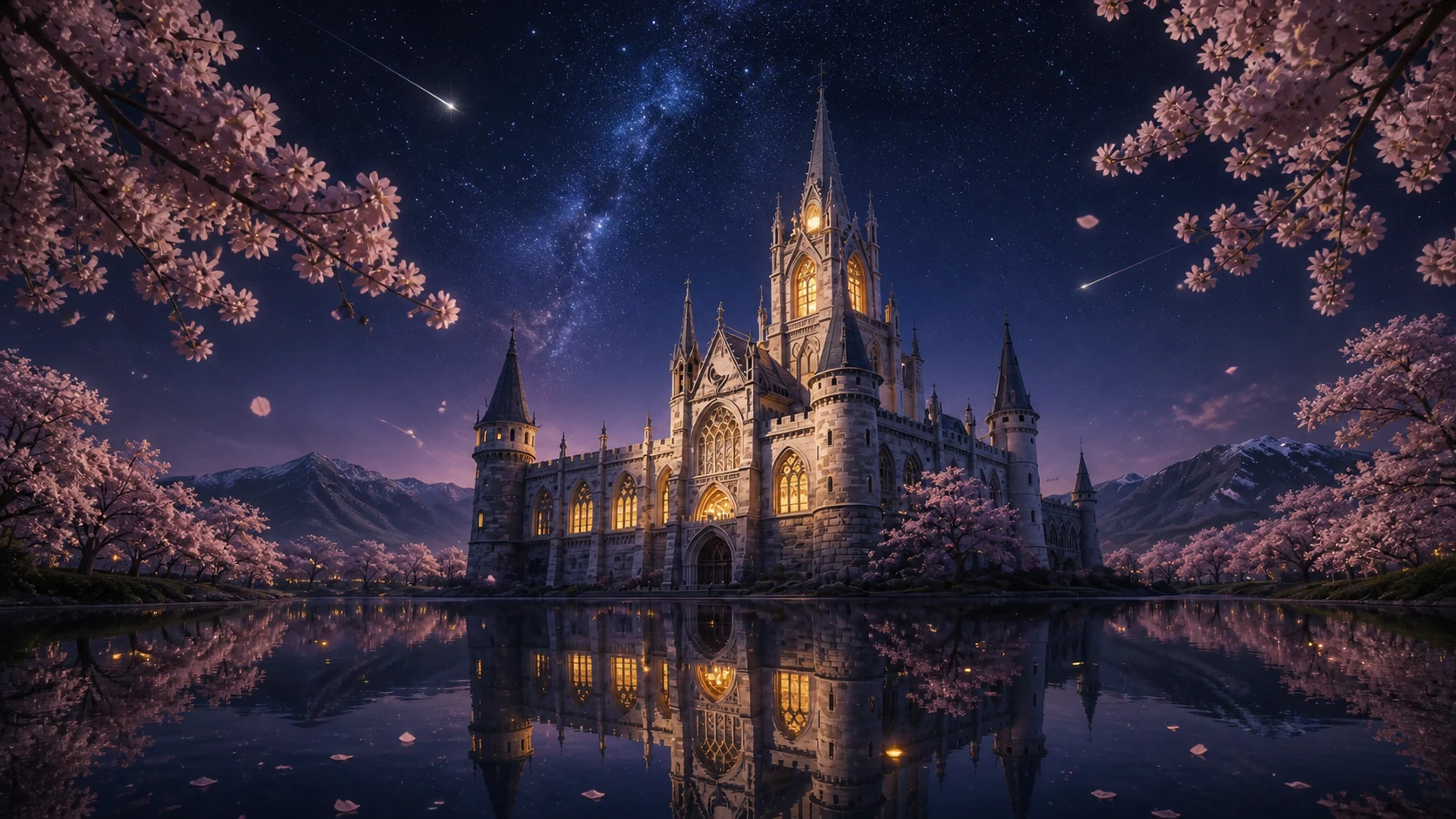 AI with Me 魔法学院夜景主视觉:樱花、城堡与湖面倒影